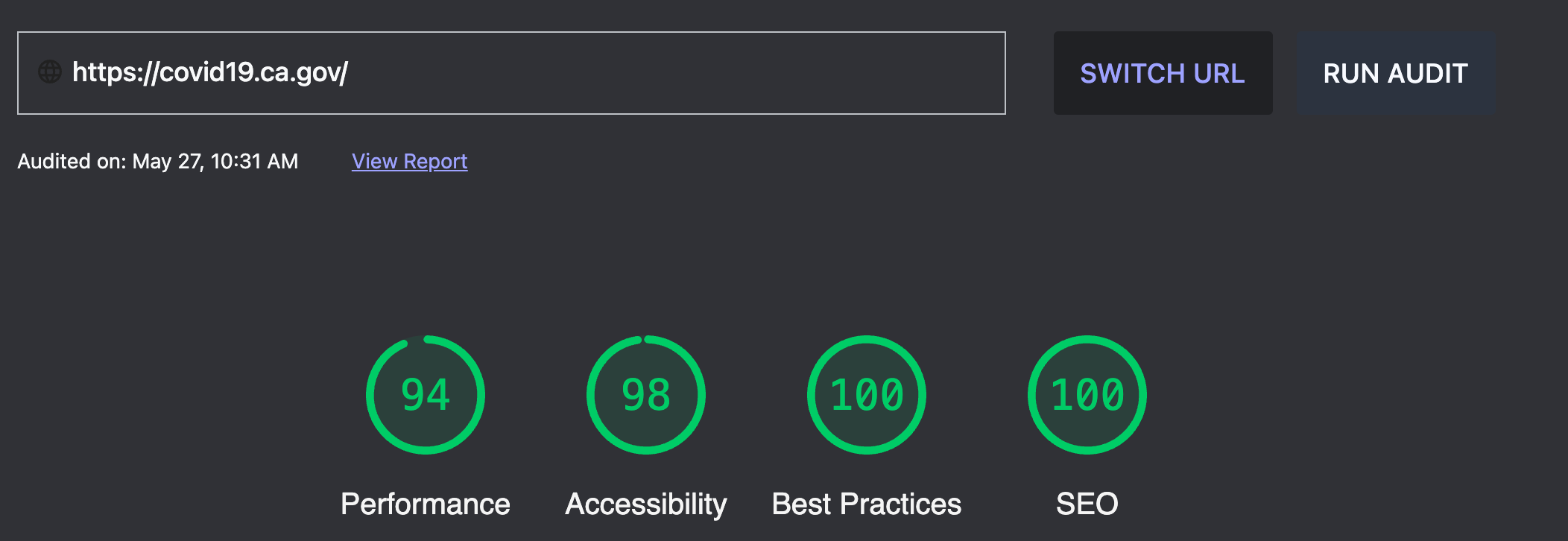 covid19.ca.gov audit results: performance 94, accessibility 98, best practices 100, SEO 100