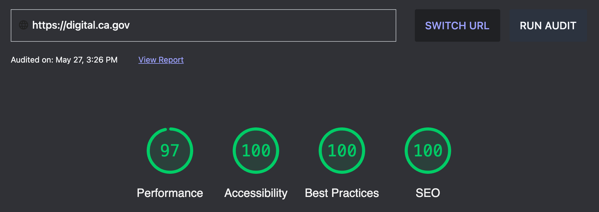 digital.ca.gov audit results: performance 98, accessibility 9100, best practices 100, SEO 100