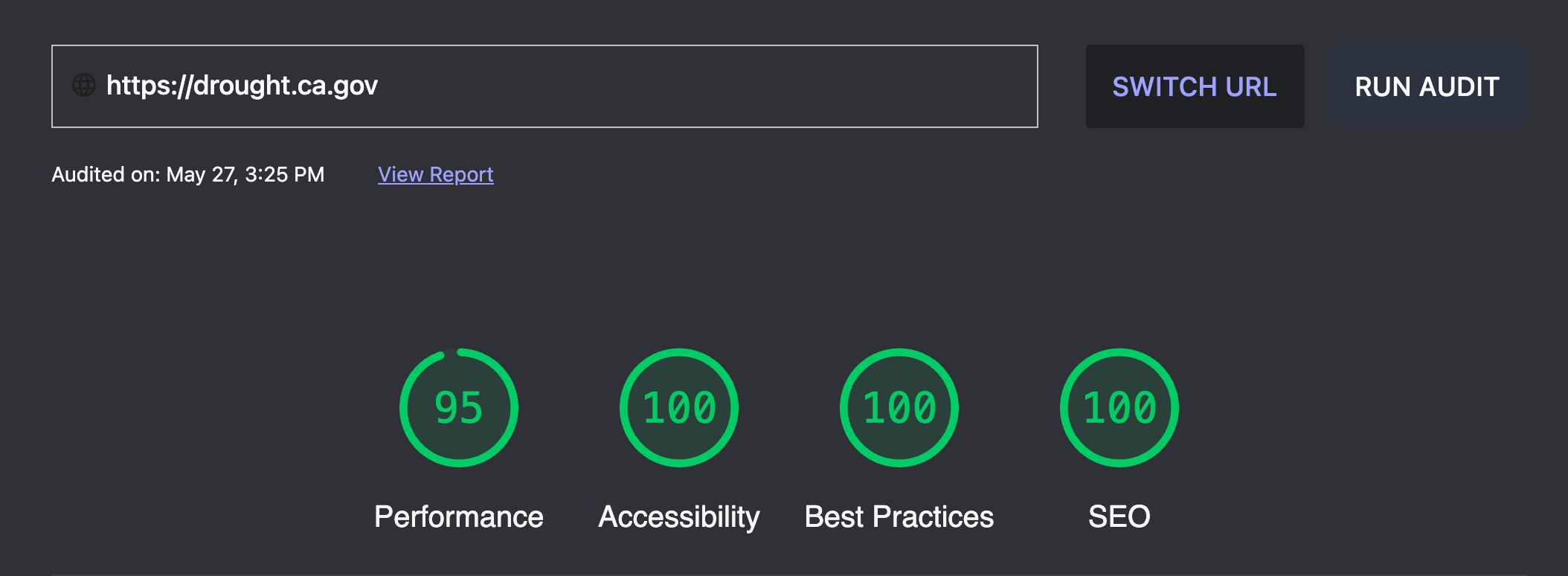 drought.ca.gov audit results: performance 95, accessibility 100, best practices 100, SEO 100