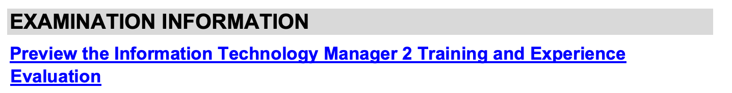The Examination Information section of the PDF. It includes the text, "Preview the Information Technology Manger 2 Training and Experience Evaluation." This is a hyperlink.