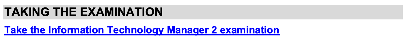 The Taking the Examination section of the PDF. It includes the text, "Take the Information Technology Specialist 1 examination." The words "the information Technology Specialist 1 examination" are a hyperlink.