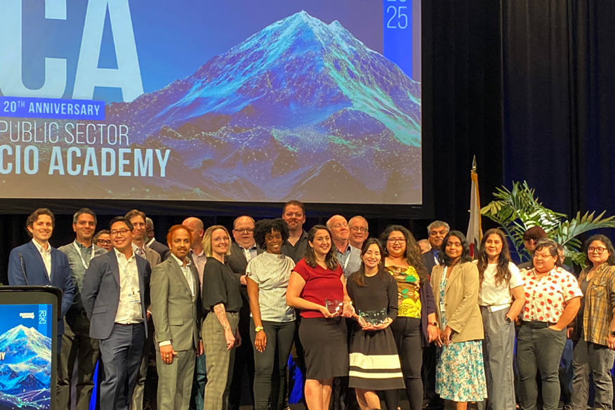 ODI and CDT team members on stage at the 2025 CIO Academy Awards getting the IT Team Leadership Award for their work on the LA fires website.